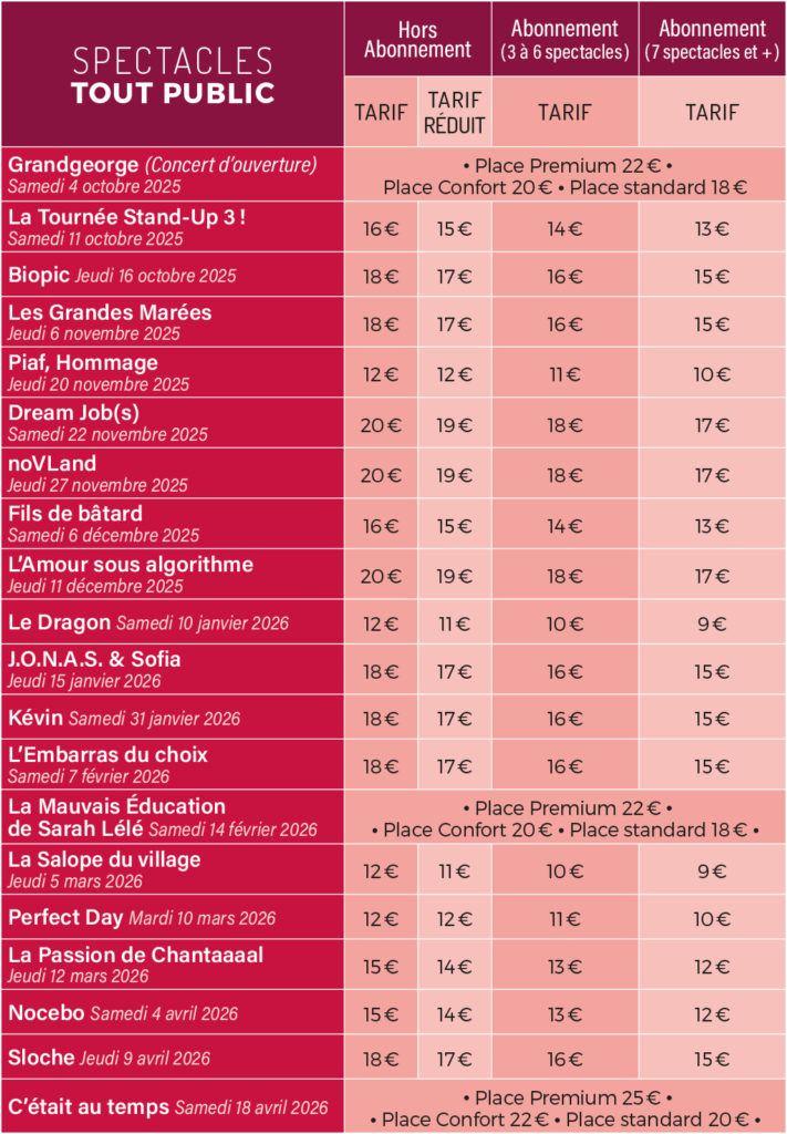 Tableaux des prix - Spectacles tout public 2025 - 2026